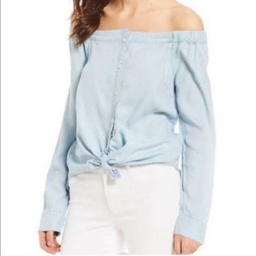 Sanctuary Chambray Off The Shoulder Button Down Blouse Blue XS S1182-DR017 - Picture 2 of 9